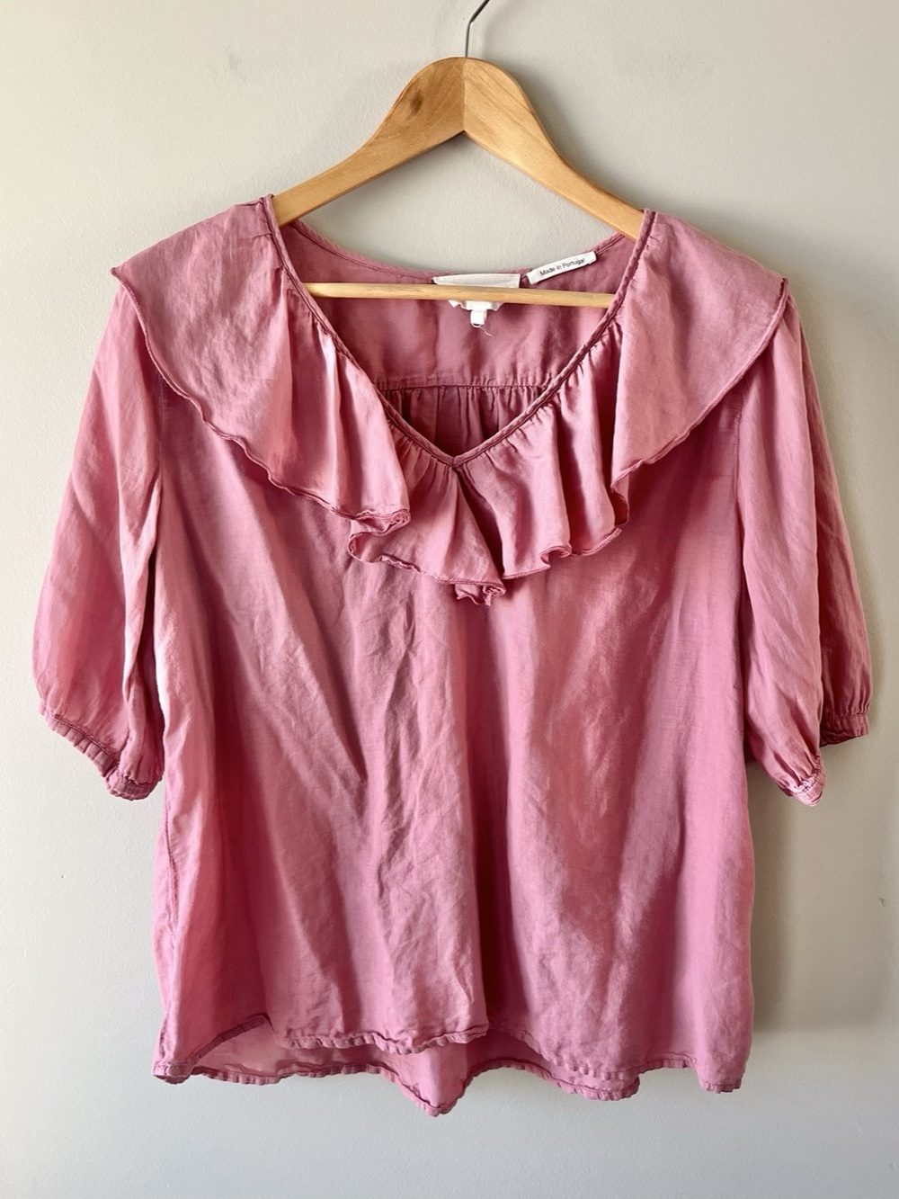 ba&sh Pink Ruffle Blouse Size Small 100% Cotton 3/4 Sleeve - Flirty Office